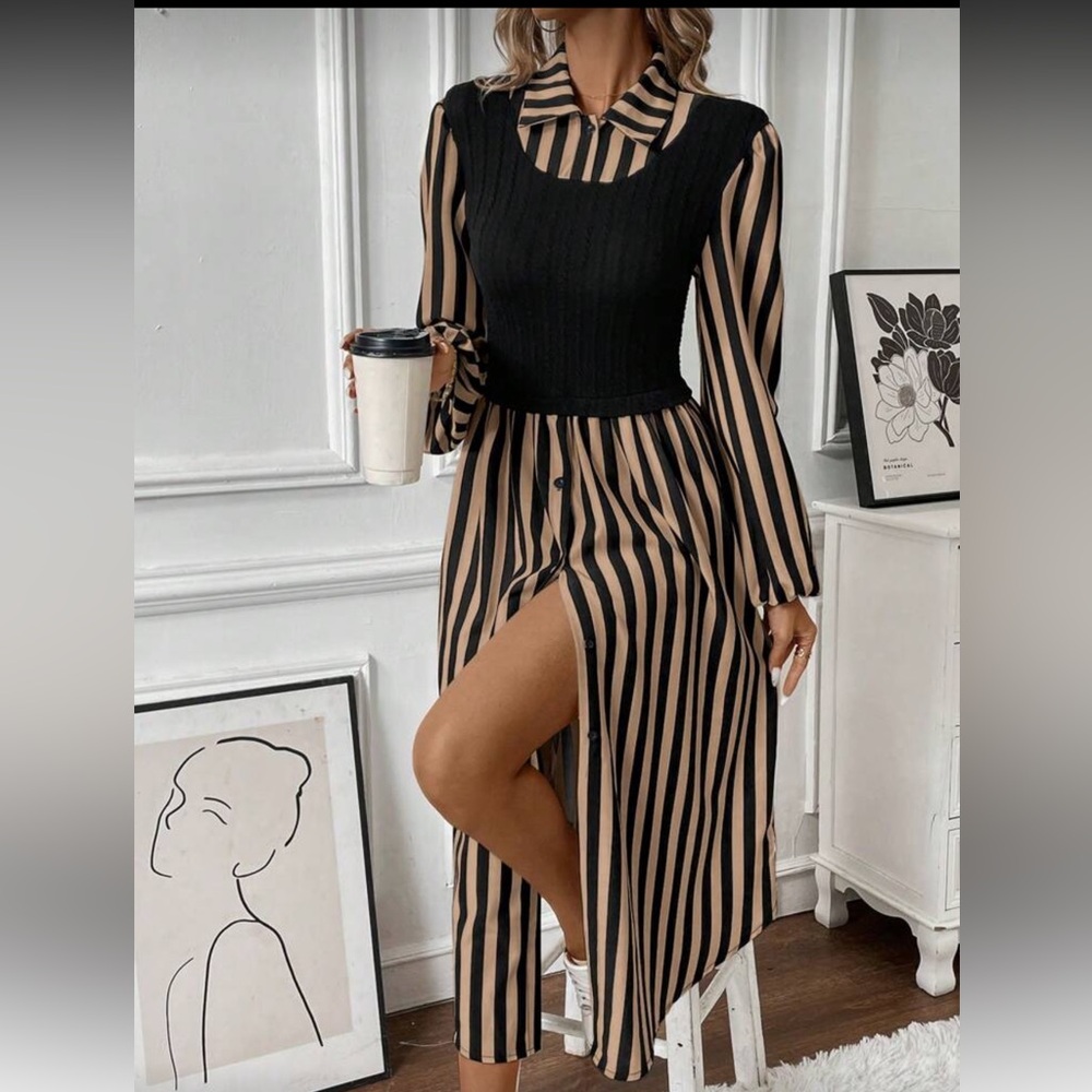 Striped Black and Tan Long Sleeve Dress